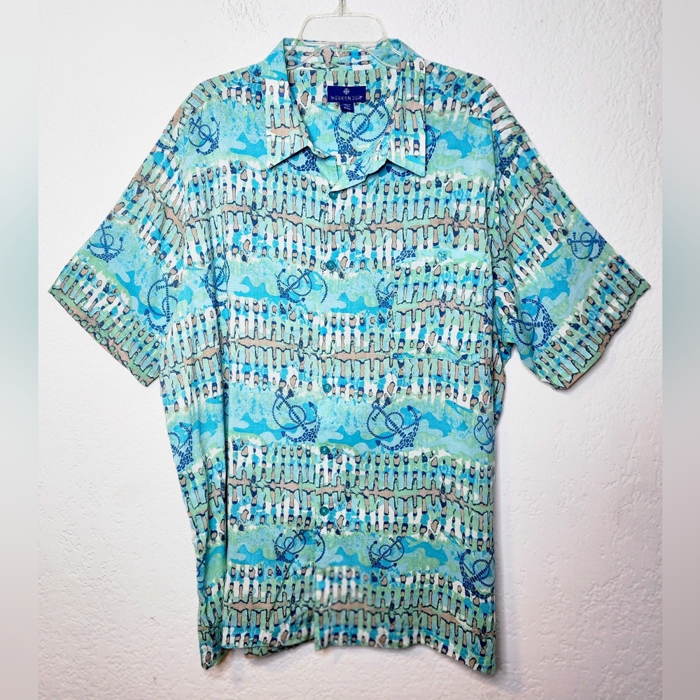 Weekender Batik Print Casual Button Down Shirt w Anchors Size XXL Short Sleeve